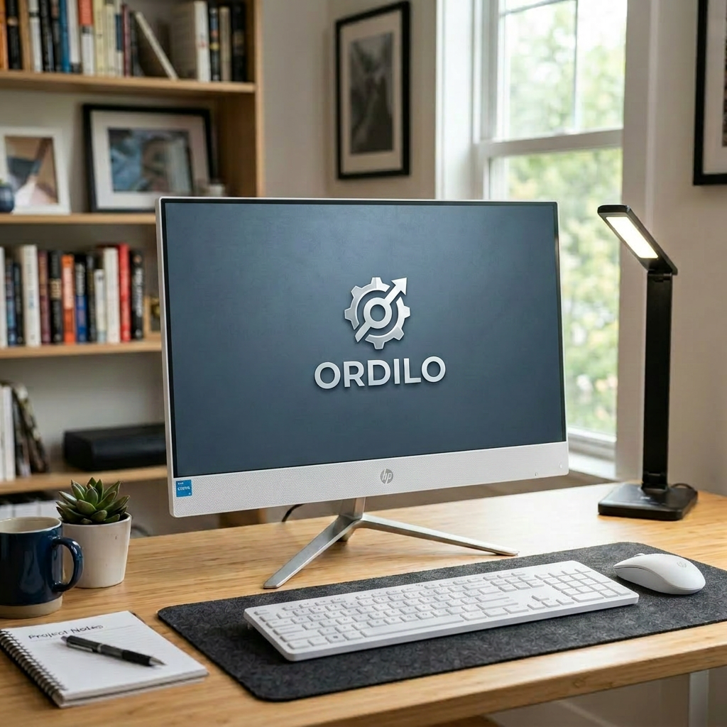 HP all-in-one desktop computer on desk with keyboard, mouse, notebook, plant, and desk lamp