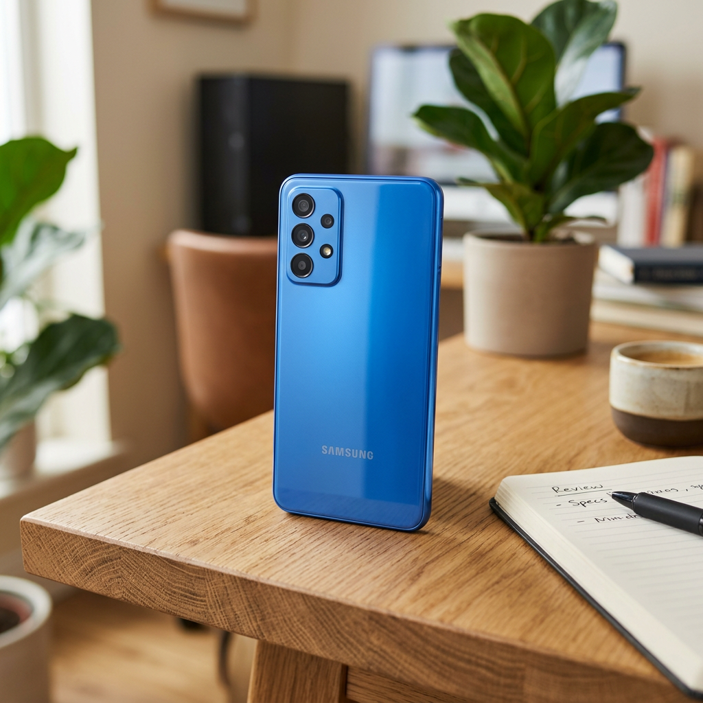 Blue Samsung smartphone standing on wooden desk with notebook and coffee cup