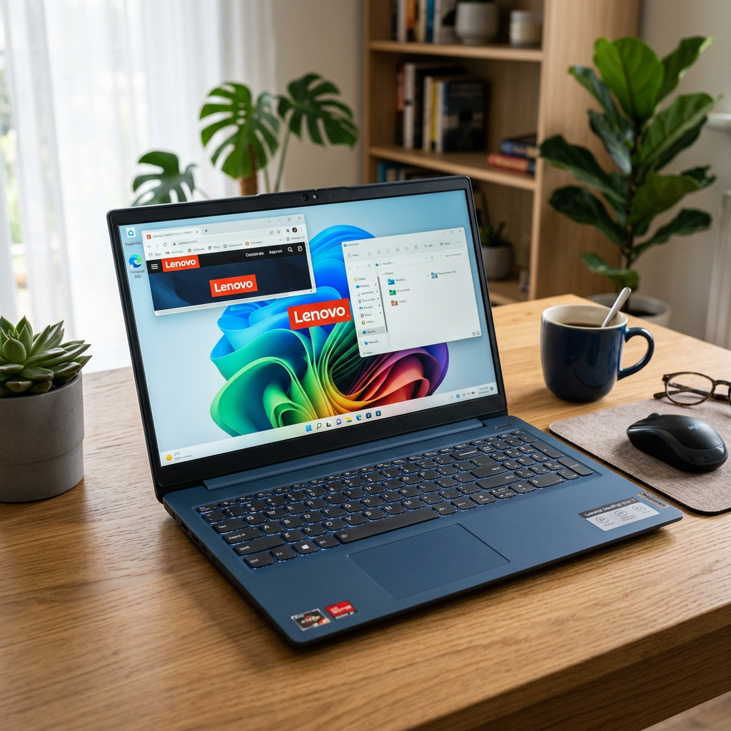 Lenovo laptop displaying Windows desktop on wooden desk with plant and coffee mug